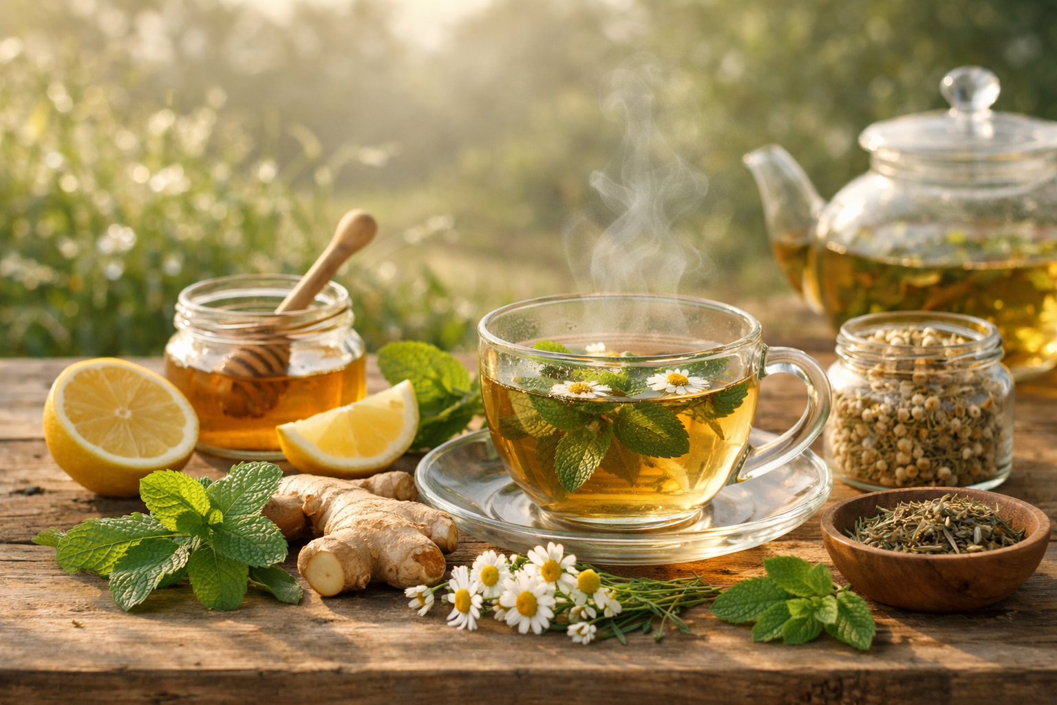 peaceful natural morning scene with herbal tea and fresh ingredients on wooden table, soft natural lighting, wellness concept