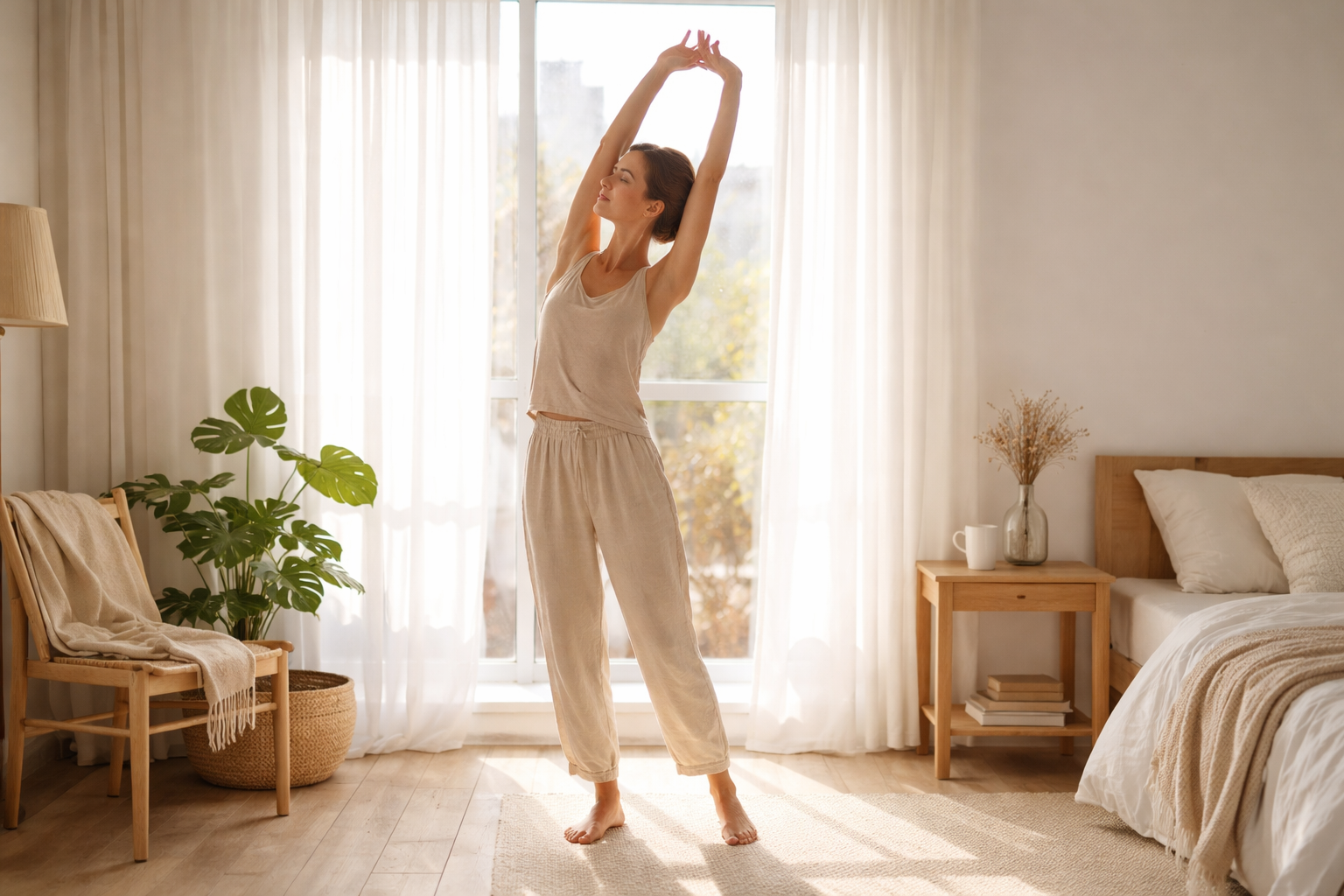 person doing gentle morning stretching in natural light by window, peaceful wellness lifestyle, minimalist interior